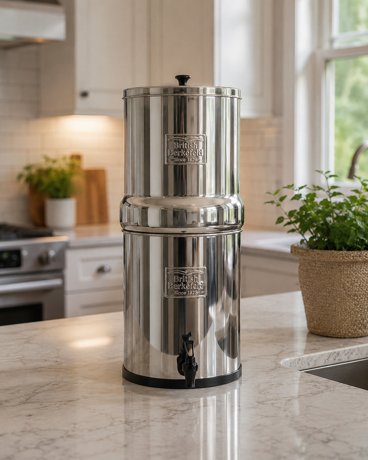 british berkefeld gravity water filter system on a kitchen counter - canada