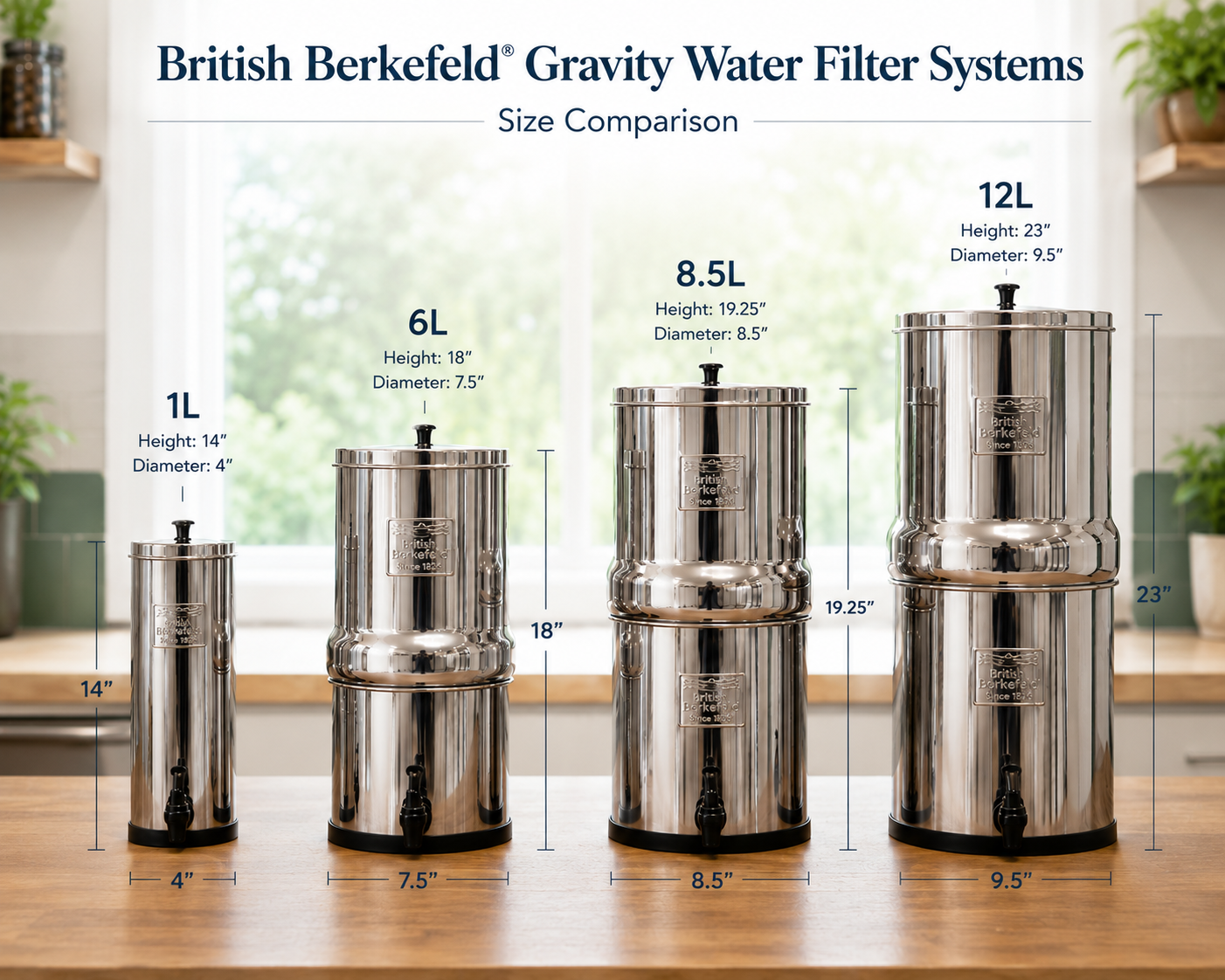 Comparison chart of British Berkefeld gravity water filter systems 