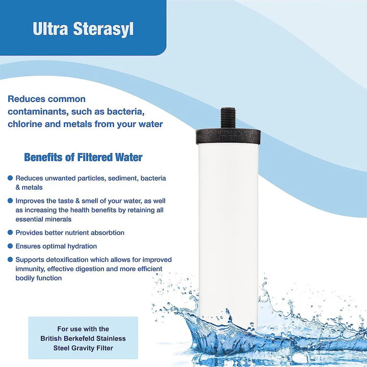 Ultra Sterasyl water filter with benefits listed on a blue and white background