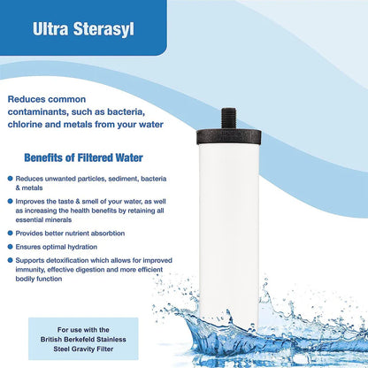 Ultra Sterasyl water filter with benefits listed on a blue and white background